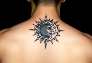 celestial sun and moon embrace with constellation patterns tattoo idea