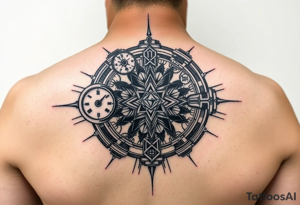 Abstract geometric engine cross-section, multiple chambers showing active transformation - raw materials entering, pressure gauges maxed out, diamond crystallizing in center chamber, fuel lines forming mandala patterns, small alchemical symbols (sulfur, mercury, salt) integrated into mechanical parts, everything in motion with dynamic flow lines, black and grey tattoo with energy radiating tattoo idea