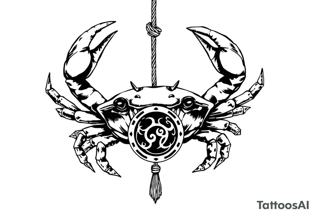 An angry crab with its claws raised with a zodiac symbol hanging on a rope attached to its claw tattoo idea