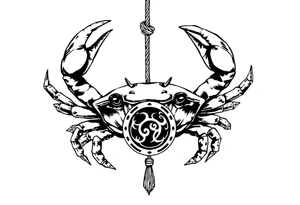 An angry crab with its claws raised with a zodiac symbol hanging on a rope attached to its claw tattoo idea