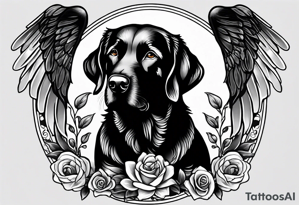 Black Labrodor Retriever standing gaurd over two angel babies memorial tattoo tattoo idea