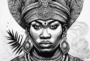 ogun africano realista em preto e cinza com tons de verde no fudo tattoo idea