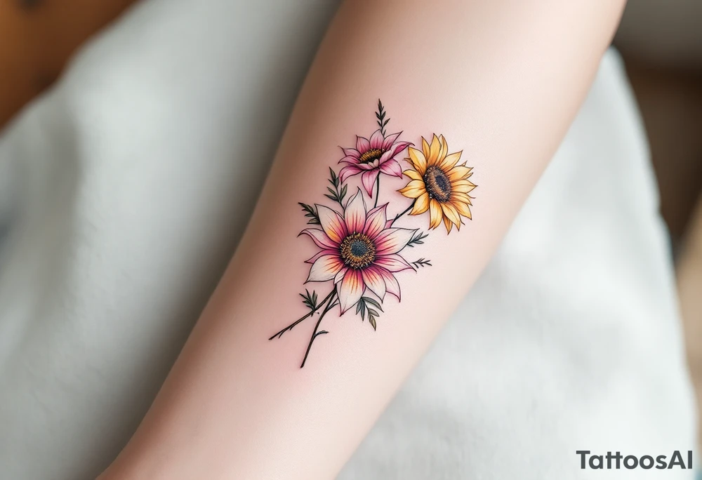 Sunflowers and stargazer lillies in pink and white in a dainty wildflower bouquet with stems tattoo idea