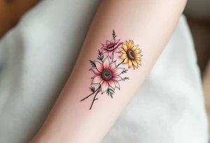 Sunflowers and stargazer lillies in pink and white in a dainty wildflower bouquet with stems tattoo idea