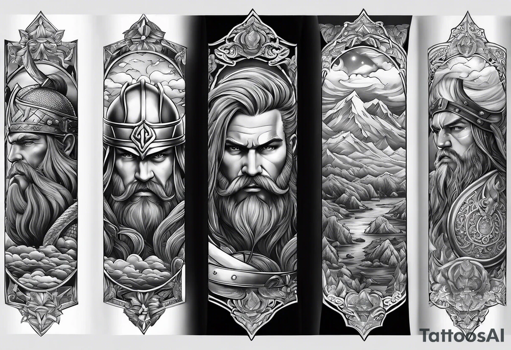 forearm sleeve with vikings and clouds tattoo idea
