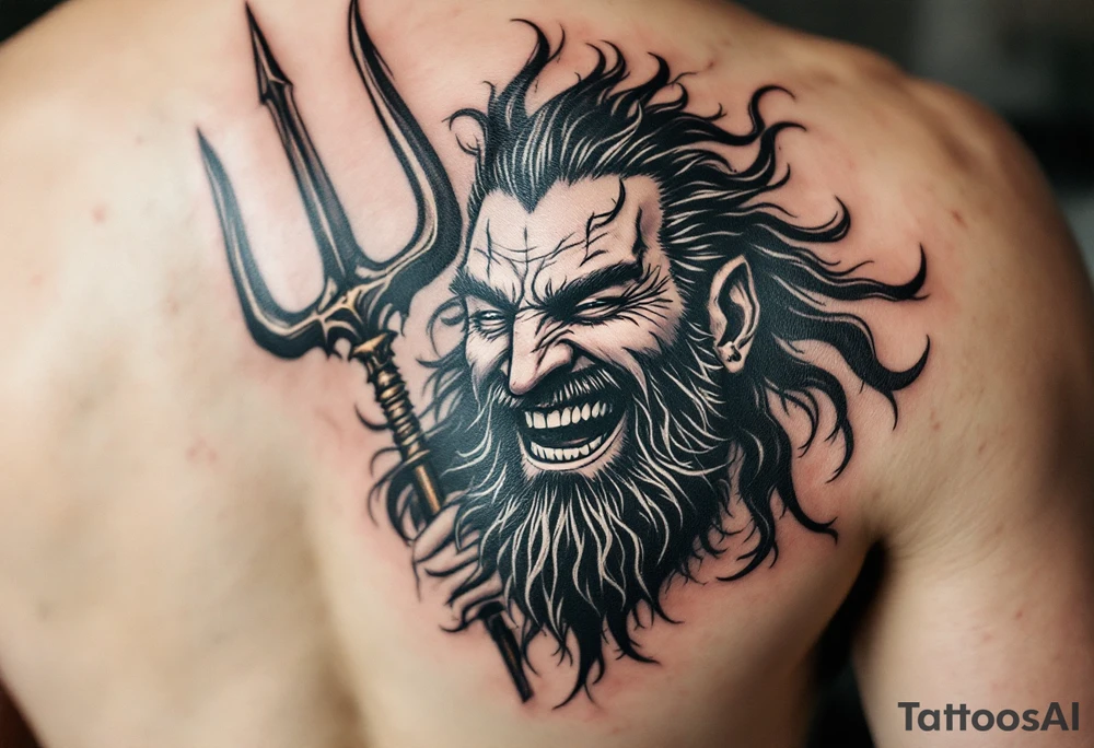 laughing poseidon, behind a trident, looking at his nose tattoo idea