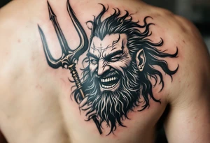 laughing poseidon, behind a trident, looking at his nose tattoo idea