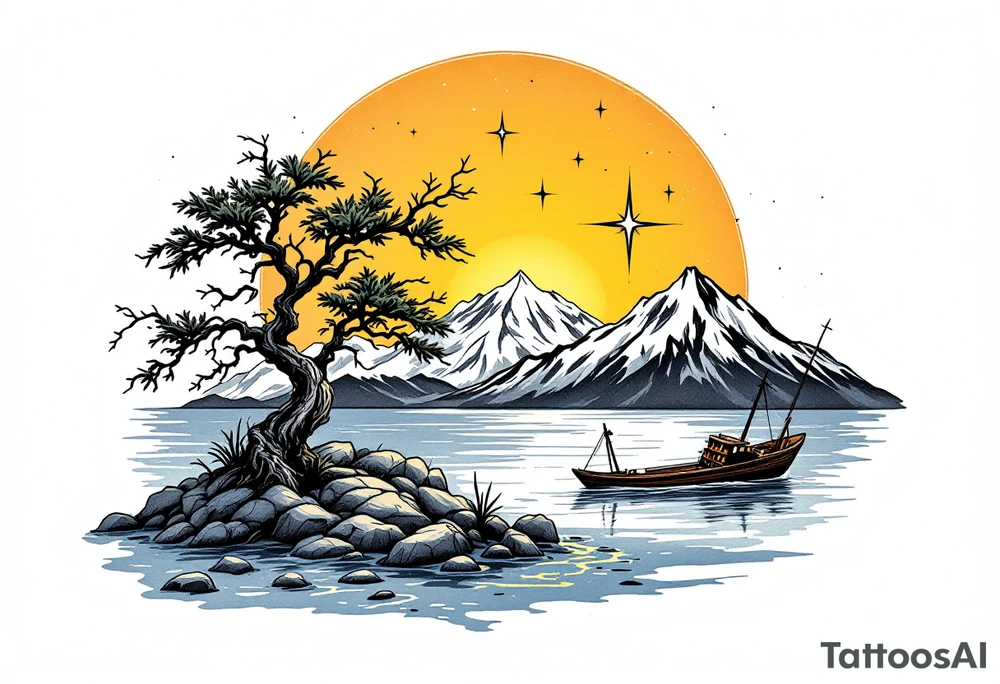 tattoo that has an acacia tree with mountains, ocean with a ship wreck and the northern star tattoo idea
