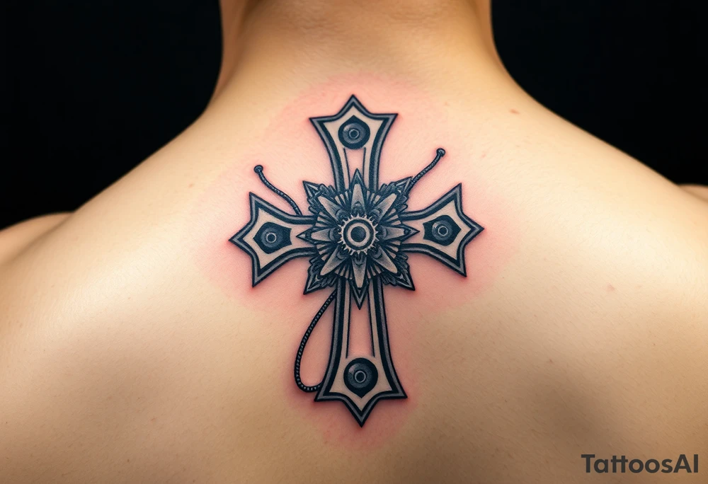 A bio-mechanical Maltese cross fused with gears and wires, combining organic and mechanical elements tattoo idea