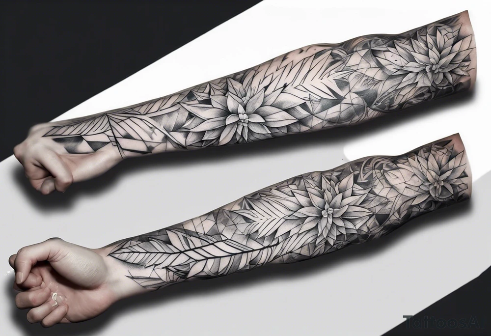 full arm tattoo. pointy leaves combined with geometric shapes. whole arm tattoo idea