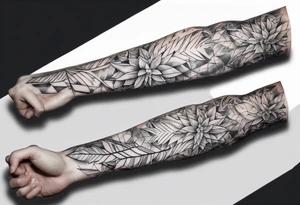 full arm tattoo. pointy leaves combined with geometric shapes. whole arm tattoo idea