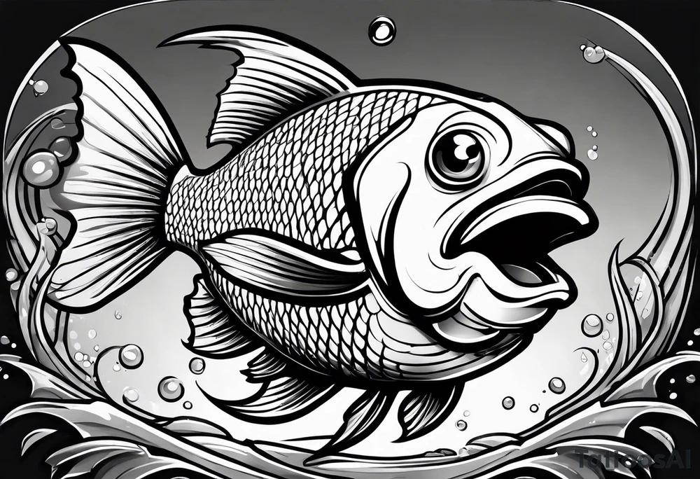 Cartoon fish with a mean face, angry expression, realistic tattoo idea