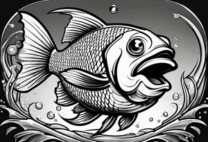 Cartoon fish with a mean face, angry expression, realistic tattoo idea