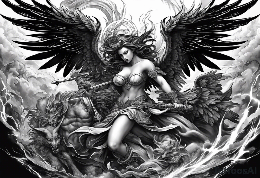 Create a dynamic tattoo of an angel and a demon engaged in a fierce battle, symbolizing the eternal struggle between good and evil within oneself. tattoo idea