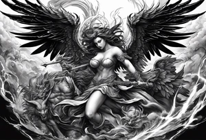 Create a dynamic tattoo of an angel and a demon engaged in a fierce battle, symbolizing the eternal struggle between good and evil within oneself. tattoo idea
