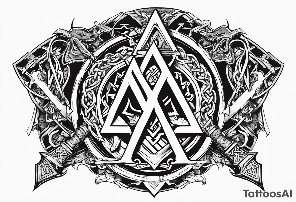 Valhalla sword shield dragon axe Valknut barbed wire chains fire tattoo idea