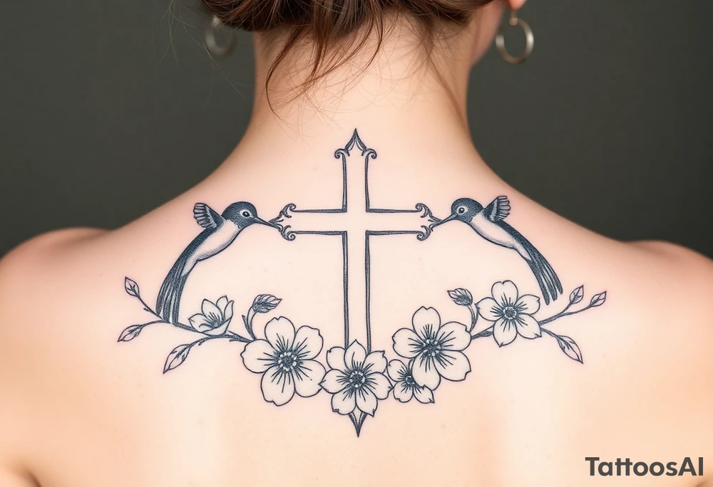 cross surrounded by hummingbirds and flowers tattoo idea