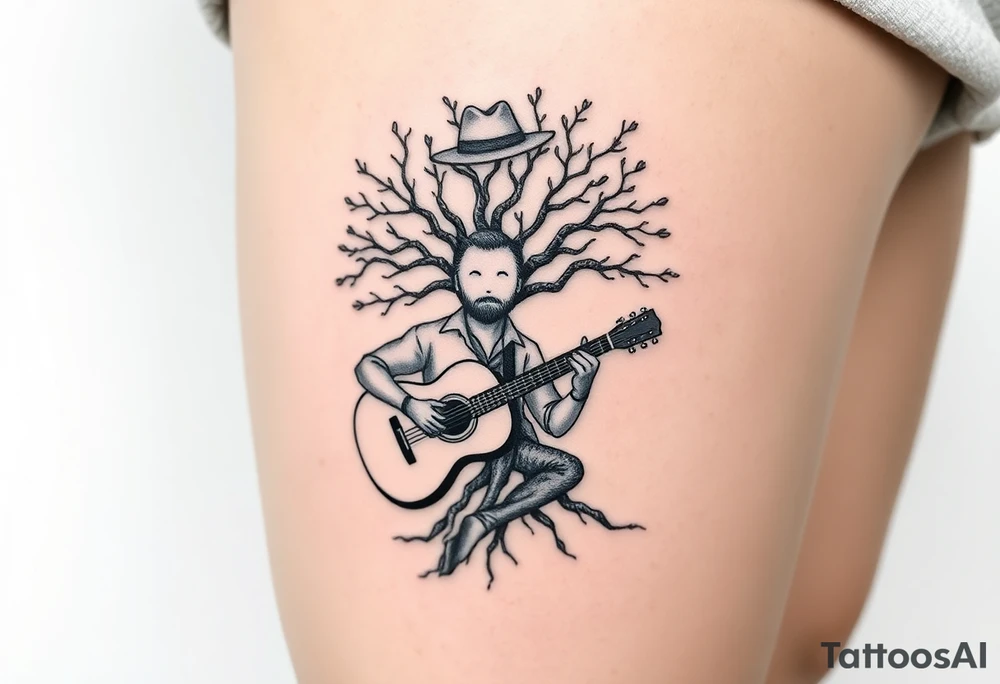 Man with hat but cant see face 
playing acoustic guitar underneath tree of life concept style tattoo idea