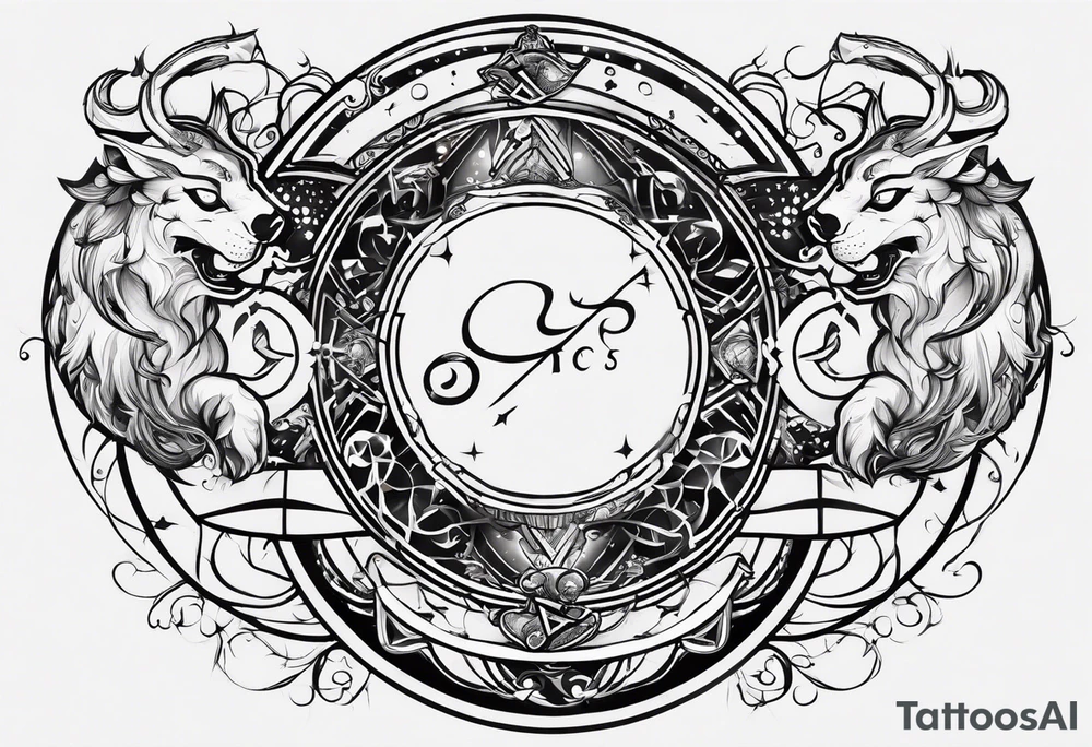 Zodiac sign Pisces and Sagittarius over 2 Leo and 2 Capricorn tattoo idea