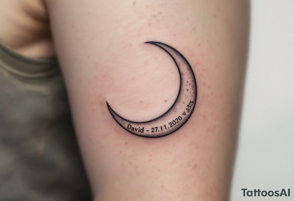 Crescent moon with "David – 27.11.2020 v 3:33" nestled in its curve, done in silver-gray and black. tattoo idea