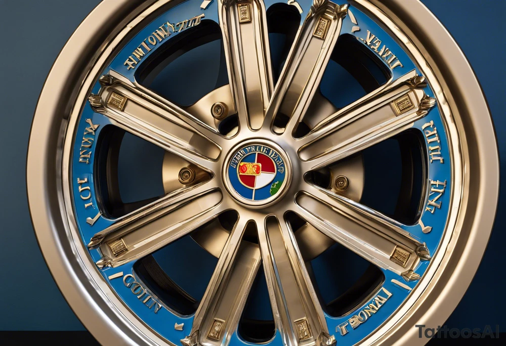 design a wheel with 5 sections. Each section to represent a moment of my life. First section to represent Rome,Italy where I was born. Second section to represent the beginning of my fling career in the Italian Air Force. Think section to represent moving to the United States, Spokane exchacly and continuing flying for Horizon Air. Forth section to include moving to Hawaii and starting a new life style, laid back, growing my own food, taking all the aloha spirit in together with my blondie curly hair partner Ronda . Fifth section to stay empty for the future to come. In the middle of the wheel a combination of American and Italian flag tattoo idea