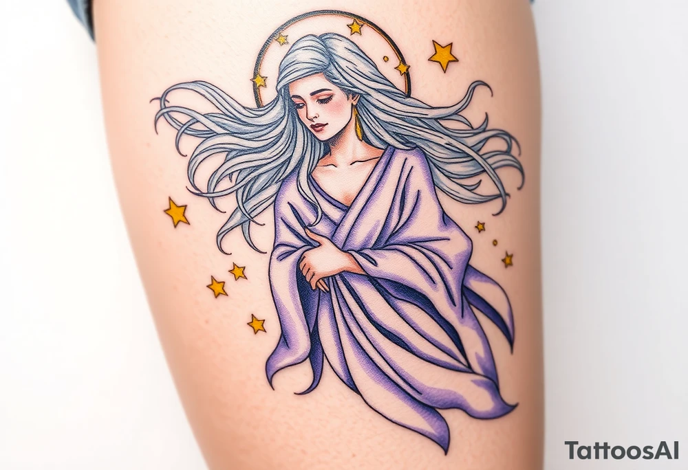 A celestial Virgo goddess with flowing silver hair, dressed in a flowing lavender robe, surrounded by golden stars tattoo idea