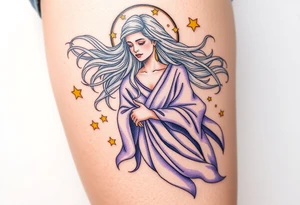 A celestial Virgo goddess with flowing silver hair, dressed in a flowing lavender robe, surrounded by golden stars tattoo idea