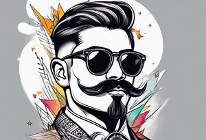 Attractive Male, slim round face, 
mustache, tools, ray-bans, no hair on sides but ponytail on top tattoo idea