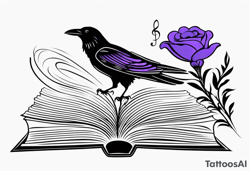 an open book with a small raven flying over, a pawn piece to the right, a single music note and a lavender flower on top of the book tattoo idea