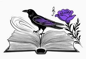an open book with a small raven flying over, a pawn piece to the right, a single music note and a lavender flower on top of the book tattoo idea