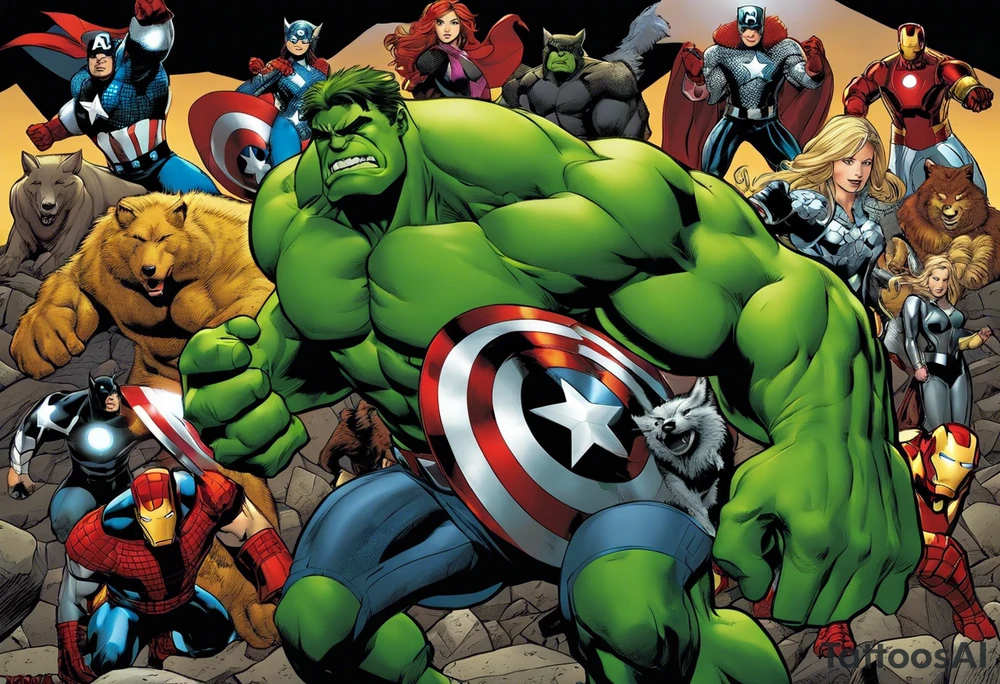 I want to change Avengers Team characters with animals. Hulk will be represented by a Badger.
Thor will be depicted as an Alpha Grey Wolf.
Captain America will be symbolized by a Bull.
Iron Man's character will be embodied by a Canary.
Black Widow's role will be portrayed by an Axolotl.
Hawkeye will be depicted as a Sudan Plated Lizard.
Nick Fury will be represented by a Cat. tattoo idea