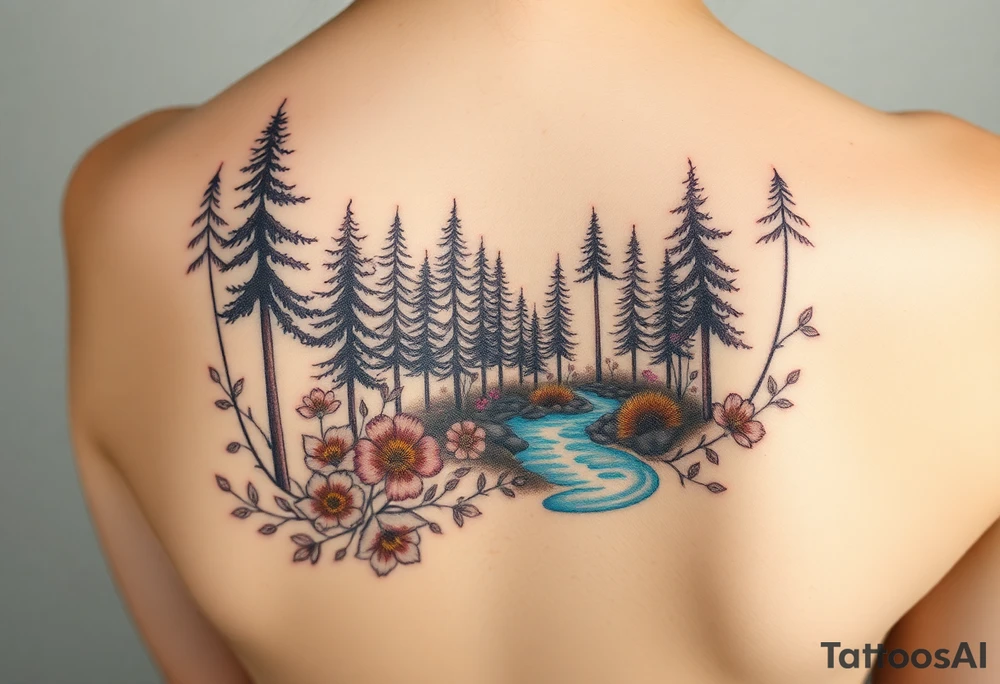 Scenic Northern woods with wild flowers and a river tattoo idea