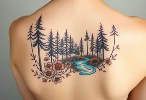 Scenic Northern woods with wild flowers and a river tattoo idea