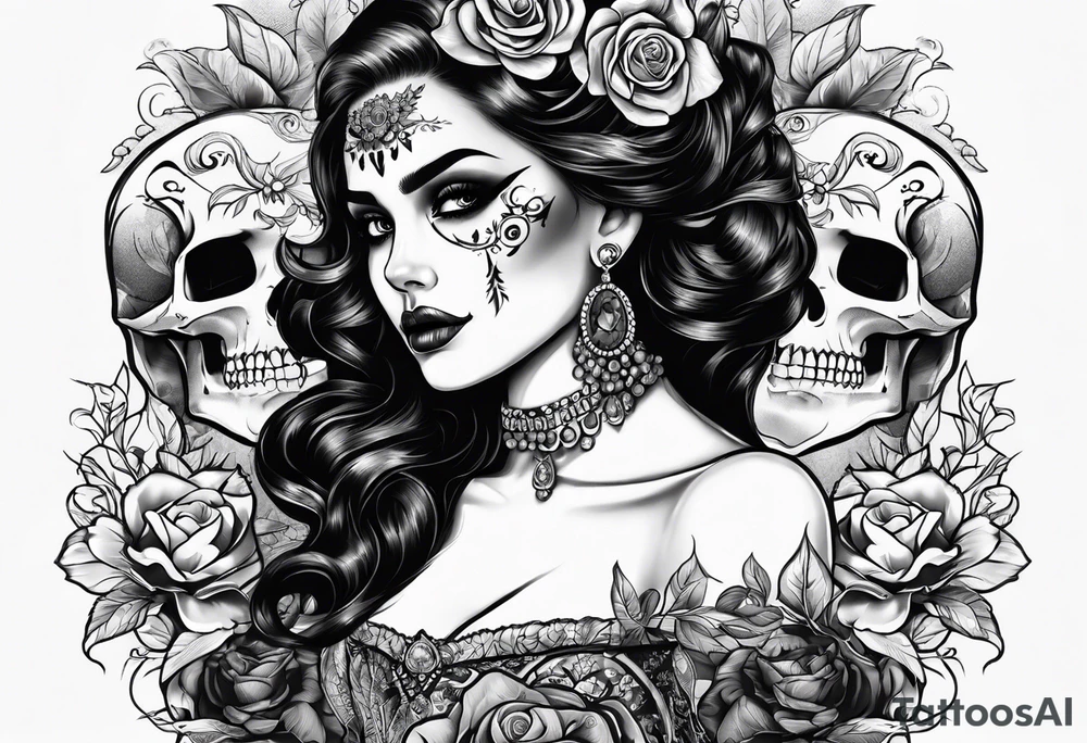 lady skull tattoo idea