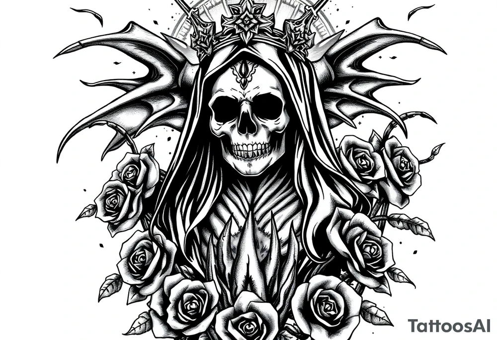 Powerful and evil Santa muerte rising from the ashes of hell, surrounded by unclaimed souls and roses tattoo idea