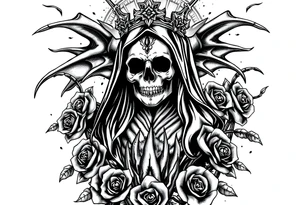 Powerful and evil Santa muerte rising from the ashes of hell, surrounded by unclaimed souls and roses tattoo idea