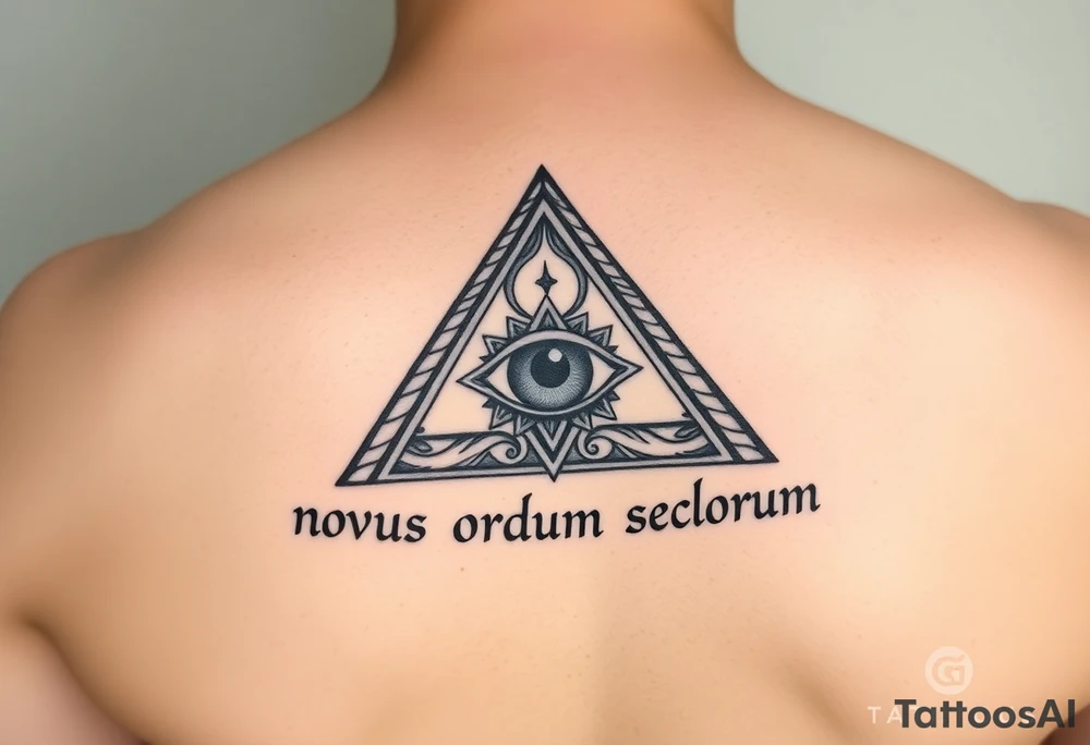 Pyramid with eye in the center, surrounded by words - novus ordum seclorum tattoo idea