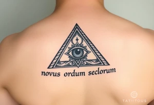 Pyramid with eye in the center, surrounded by words - novus ordum seclorum tattoo idea