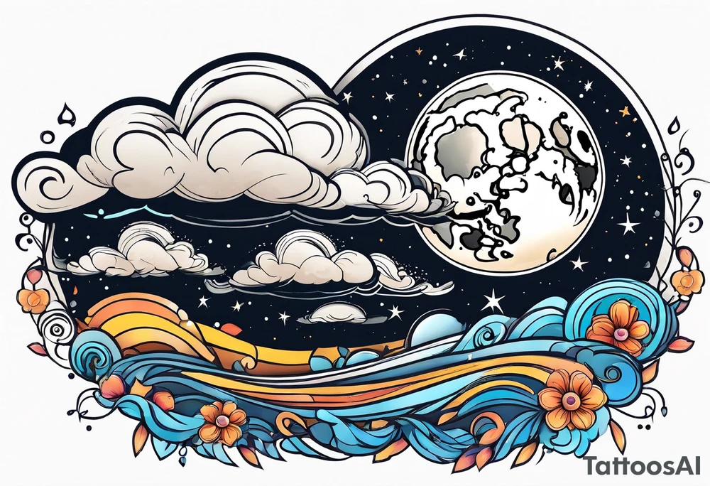 Raining cloud and moon tattoo idea