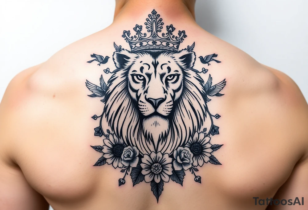 powerful majestic lion with a crown, surrounded by floral ornaments and birds tattoo idea