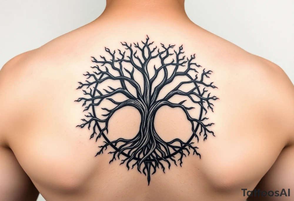 yggadrisl tree of life with circle. Jai , Phoebe, Imogen, Matilda in the circle tattoo idea