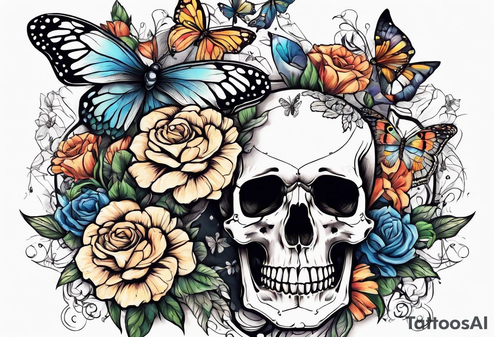 skeleton body with flowers around it vintage sketch pretty and butterflies tattoo idea