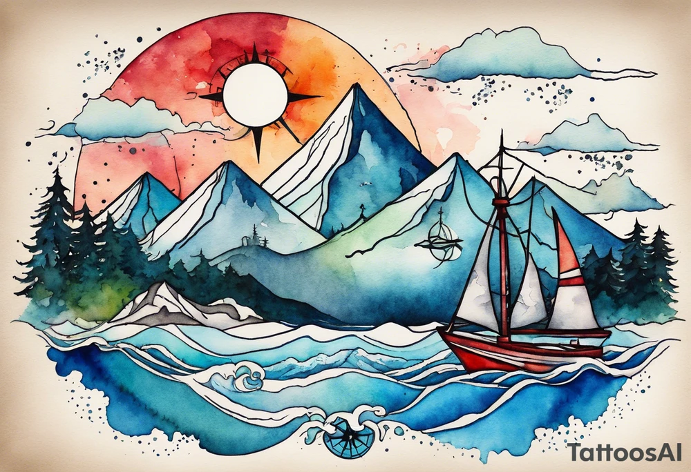 compass rose with half moon bay, mountains, city skyline and European landmark, spilled watercolor and tiny jet plane silhouette and a tiny ski boat in the water tattoo idea