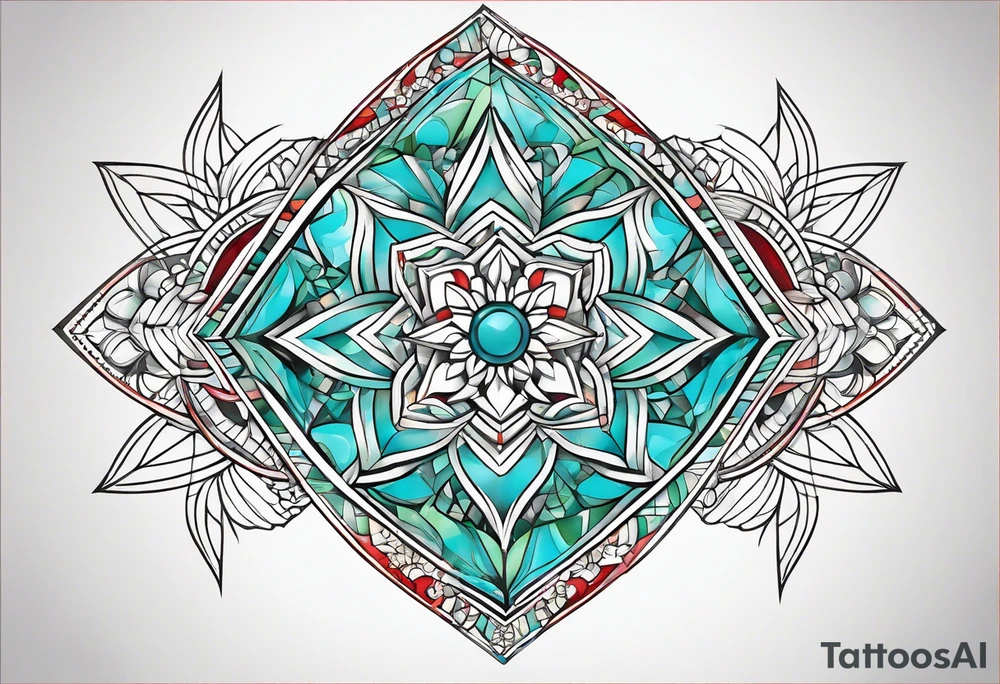 geometric style tattoo on knee with baby blue, red, and green accents. helical pier tattoo idea