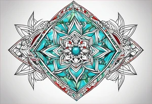 geometric style tattoo on knee with baby blue, red, and green accents. helical pier tattoo idea