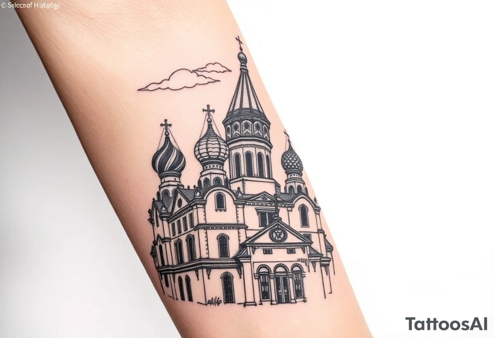 highly detailed Russian Orthodox cathedral with onion domes and orthodox crosses, done in fine line, engraving-like style. Cohesive composition, black ink only, no color, high contrast, slightly aged, documentary-style, plain light background. with clouds above it and a virgin mary over looking tattoo idea