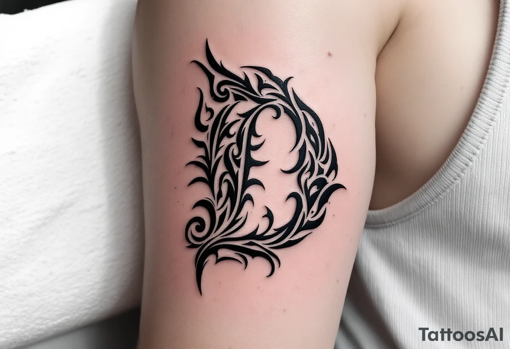 Tribal Style D – A sharp, black ink D stylized with tribal spikes and swirls, resembling Polynesian or Maori patterns. tattoo idea