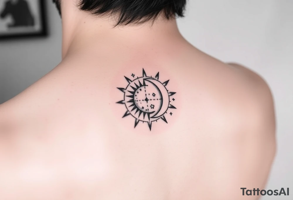 celestial sun and moon embrace with constellation patterns tattoo idea celestial sun and moon embrace with constellation patterns tattoo idea