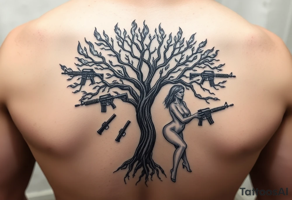 burning tree of life with firearms scattered and nude woman tattoo idea