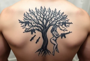 burning tree of life with firearms scattered and nude woman tattoo idea